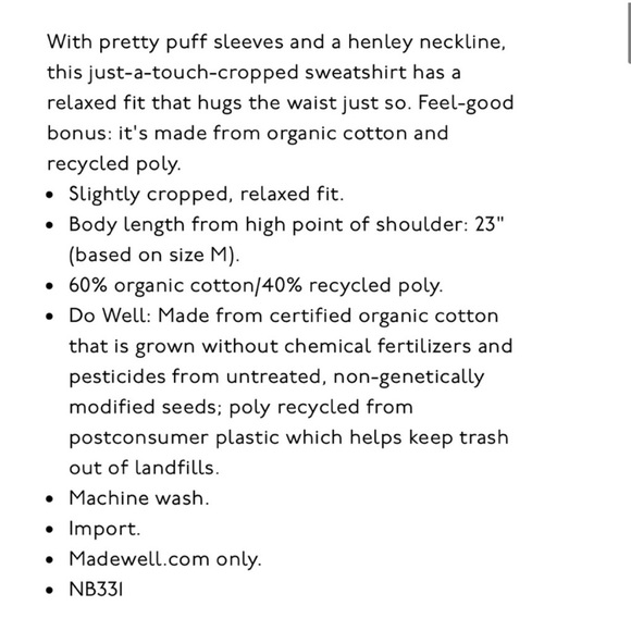 Madewell Henley puff sleeve sweatshirt brown size XXsmall NB331 NWT - Picture 4 of 10